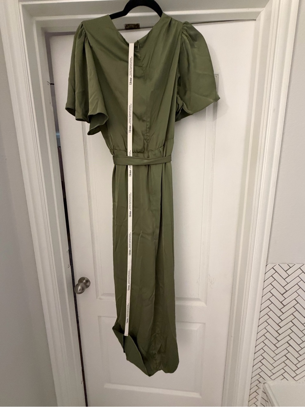 NWT Liena Olive Green Satin Midi Wrap Dress Size 10 - Picture 3 of 7